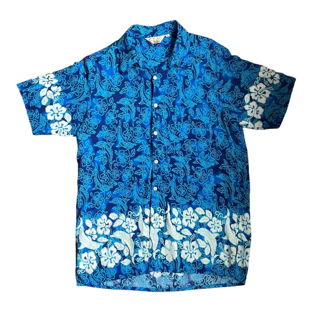 Cabali Hawaiian Shirt Men’s L Blue Dolphin Floral Short Sleeve Button Down